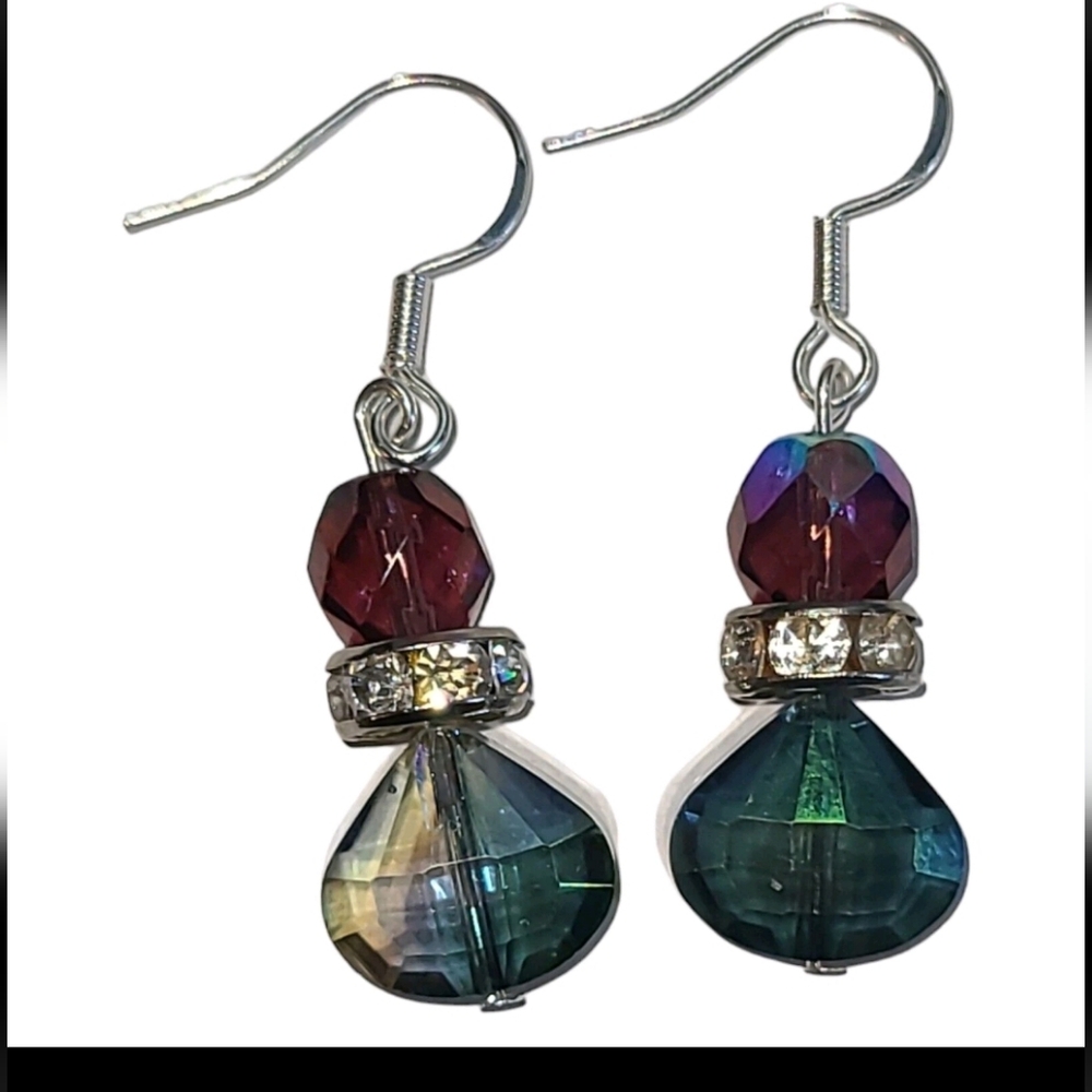 Handmade Sterling Silver 925 Purple & AB Crystal Dangle Drop Earrings Rhinestone